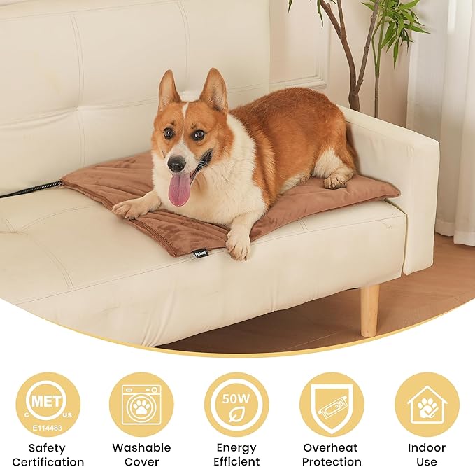PetTemp Large Pet Heating Pad for Cats Dogs Indoor & Sheltered Outdoor Waterproof Heated Dog Bed Heated Cat Bed Chew Resistant Cord Constant Temperature Brown 26 x 20 Inch