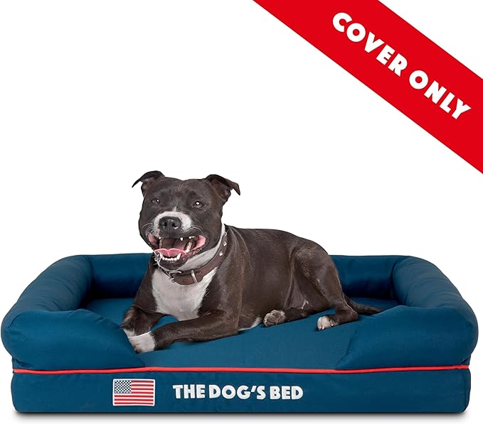 The Dog's Bed Replacement Outer Cover for The Dog's Bed Orthopedic Memory Foam Dog Bed. Washable Oxford Fabric, Medium (Blue with Red Piping USA Embroidery Flag) Veterinary Approved
