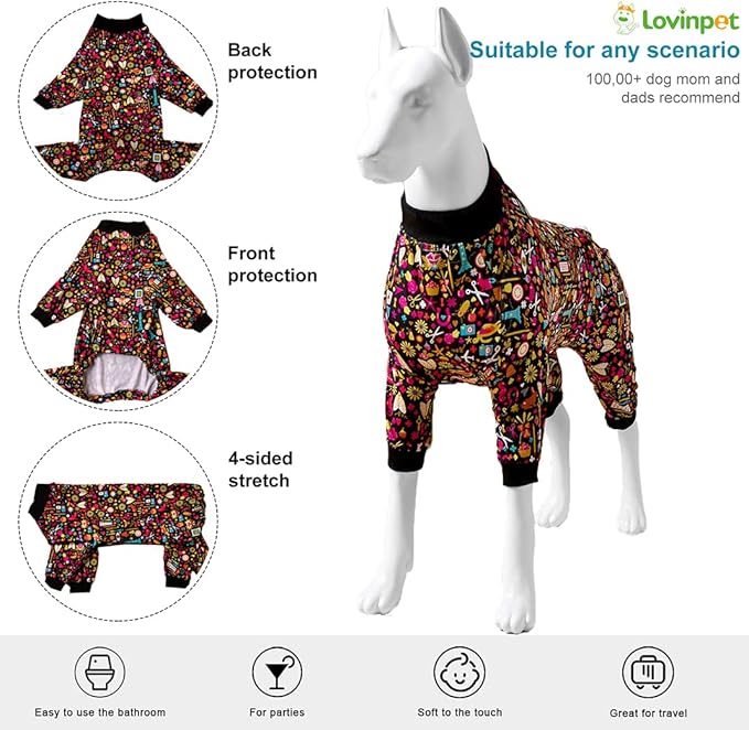 LovinPet Pet Pajamas for Pit Bulls, Full Coverage Dog Pjs with Black Trim, Decoupage Ink Print, Post Surgery Shirt, UV Protection, Pet Anxiety Relief Shirt, Large Dog Jammies, Pitbull Clothes, XL