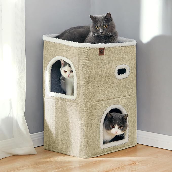 CATBOAT 2-Storey Cat House for Indoor Cats Bed, Covered Beds & Furniture with Scratch Pad and Hideaway Cave, Cute Modern Condo for Multi Small Pet Large Kitten Kitty, Brown