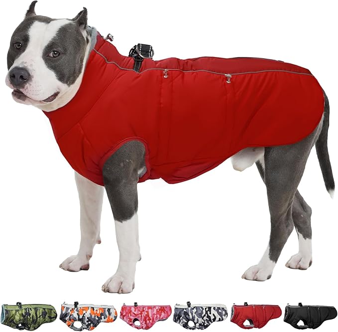 Dog Winter Jacket - 3X Large, Warm Zip Up Snowsuit Dog Harness Vest, Reflective, Water-Resistant, Red