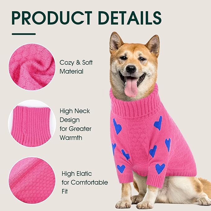 Kuoser Dog Sweater,Thermal Knitted Large Dog Sweaters,Turtleneck Thick Pet Holiday Sweater Dogs Christmas Outfit,Cold Weather Pet Winter Clothes Doggie Knitwear Girl Boy for Fall Xmas,Pink L