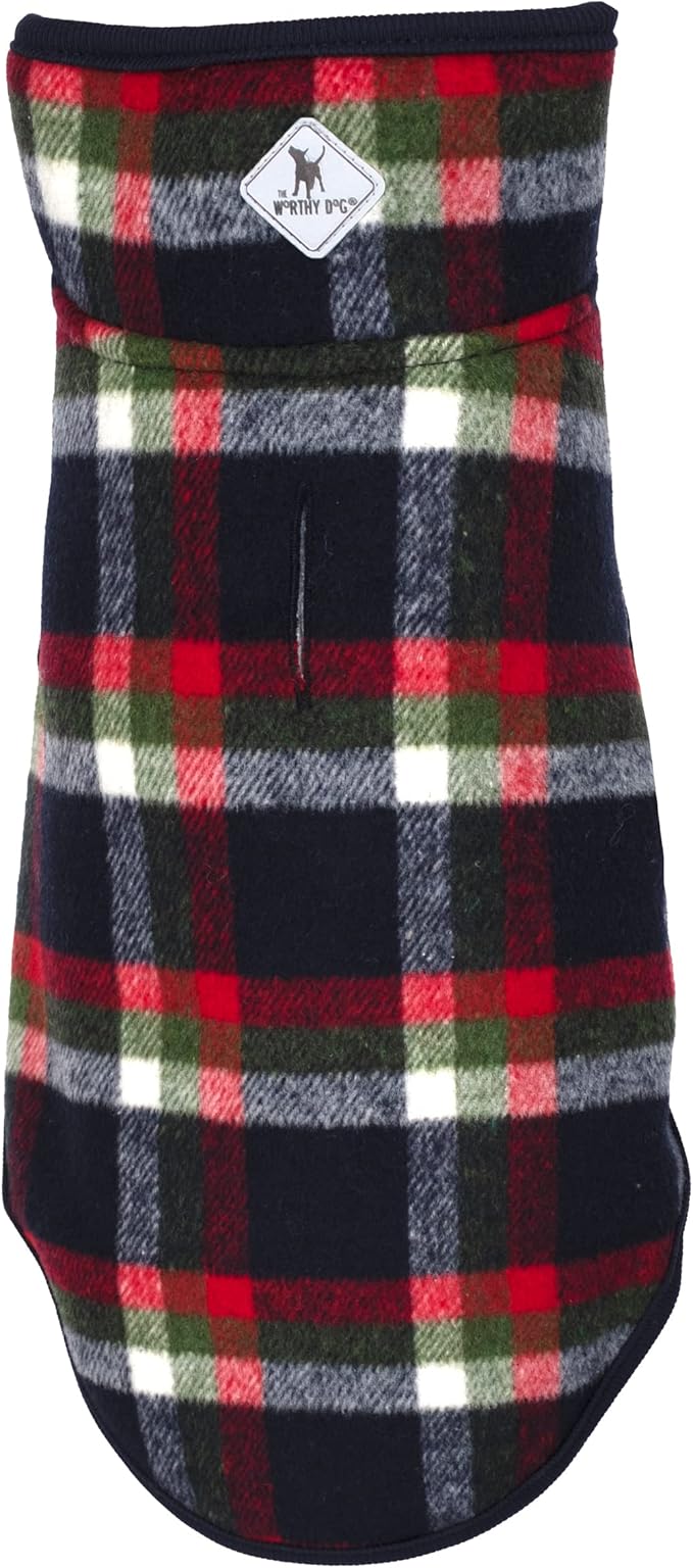 THE WORTHY DOG Alpine Plaid Dog Jacket – Wind-Resistant Winter Coat with Cozy Faux Shearling Lining, Adjustable Fit & Harness Hole – Machine Washable – Navy, Size 22