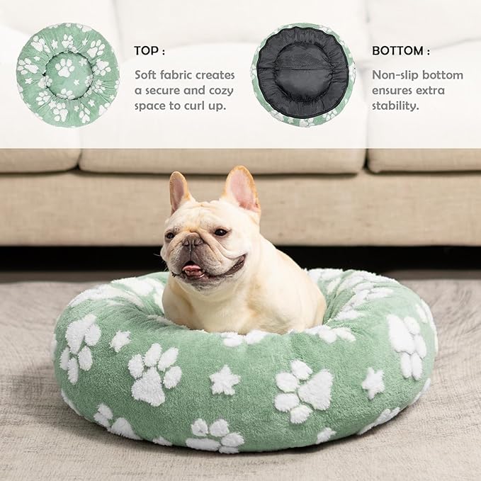 Yaning Donut Dog Beds for Small Dogs, Calming Round Cat Beds for Indoor Cats, Cute 3D Textured Paw Pet Bed with Removable Washable Cover and Anti-Slip Bottom（Green，23"）