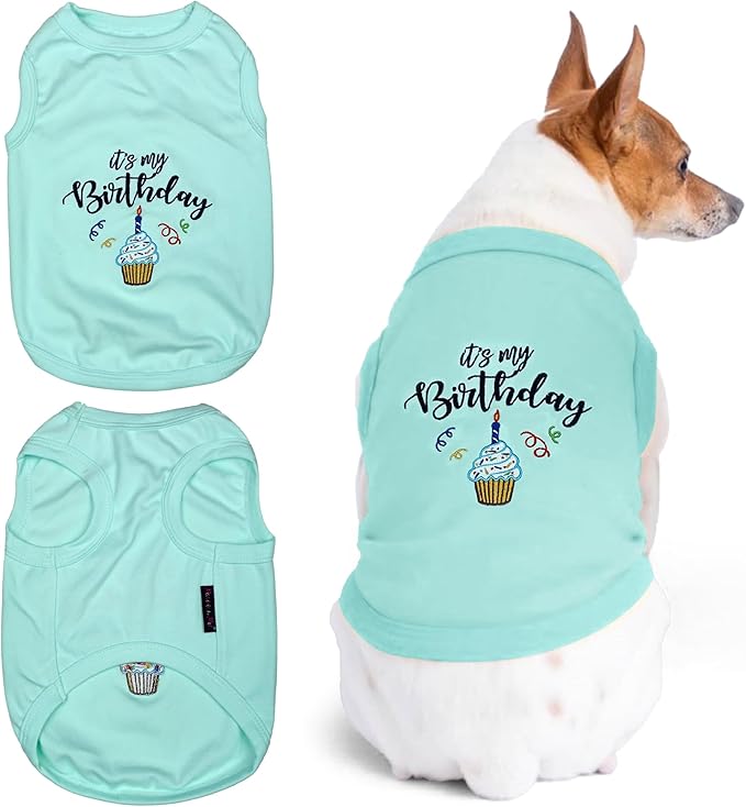 Parisian Pet Dog T-Shirt with Embroidered 'It's My Birthday' Words - Sleeveless Dog Birthday Shirt - Lightweight Pet Vest - Blue Tee Shirts for Small Dogs - XXS
