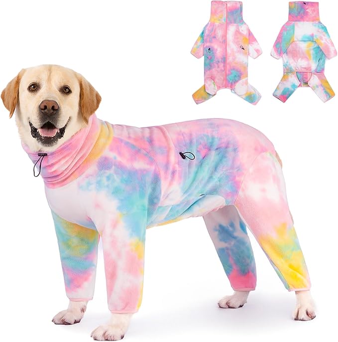 Dog Winter Coat for Large Medium Small Dogs, Warm Fleece High Collar Full Body Dog Jumpsuit Comfortable Onesie Apparel (Pink Blue, 6X-Large)