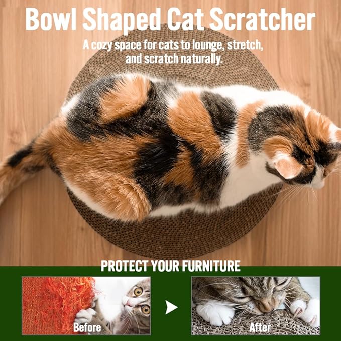 Selly's Den Bowl Shaped Cat Scratcher Round Cardboard Cat Bed and Scratcher in One, for Lounging and Scratching (16 inches)
