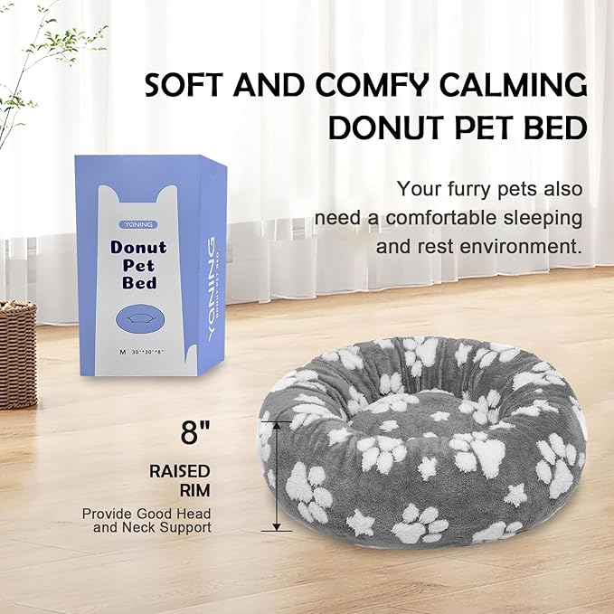 Yaning Donut Dog Beds for Medium Dogs, Calming Round Cat Beds for Indoor Cats, Cute 3D Textured Paw Pet Bed with Removable Washable Cover and Anti-Slip Bottom（Grey，30"）