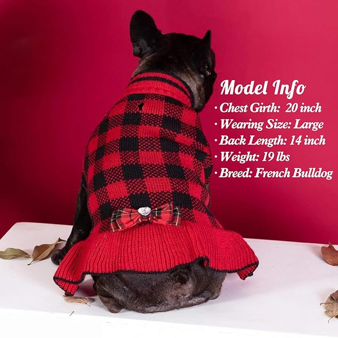 KYEESE Dog Christmas Sweater Dress with Bowtie Checkered, Turtleneck Dog Sweater for Small Dogs Girl with Leash Hole, Holiday Warm Pet Sweaters Dress, Red, Medium