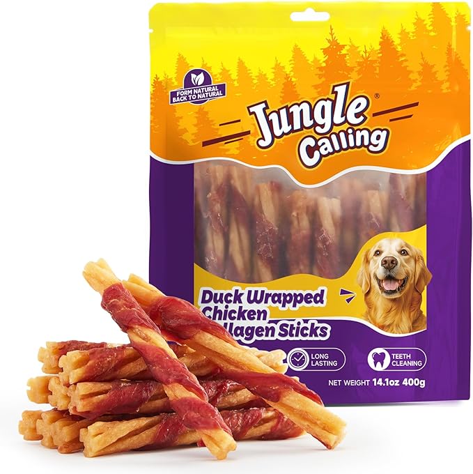 Jungle Calling Dog Treats, Duck Wrapped Chicken Collagen Sticks for Small Medium Dogs, Digestible Rawhide Alternative Dog Chews, Dental Bones for Teeth Cleaning, Like Bully Sticks, Less Smell, 14.1oz