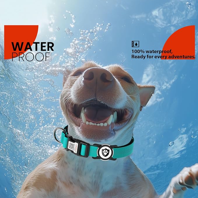 Waterproof AirTag Dog Collar with QR Code Dog Tag, Blue S | IP68 waterproof, QR code dog tag, Anti-Lost, Online profile, fits XS-L (8"-26"), Padded nylon, Reflective, No App, No Fees