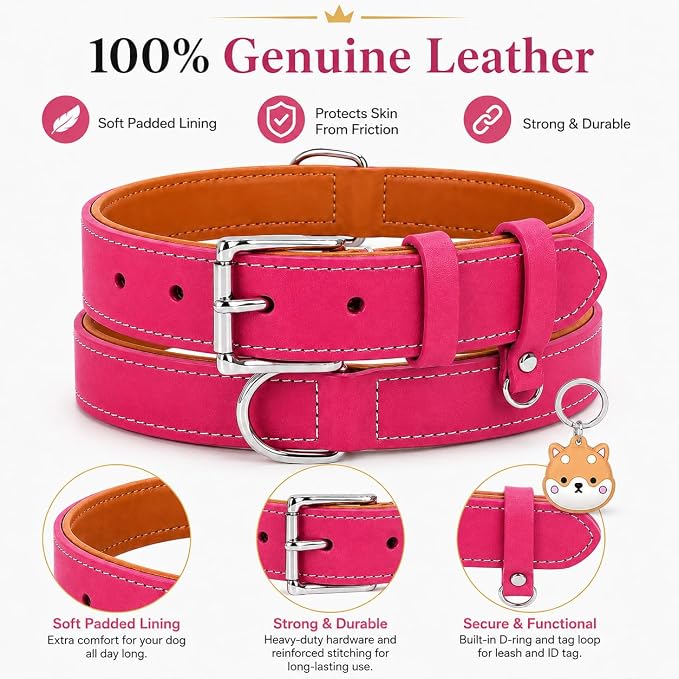 Genuine Leather Dog Collar, Soft Padded Leather Dog Collars with Airtag Holder Case for Small Medium Large X-Large Dogs,Comfort Heavy Duty Pet Collar with Durable Metal Buckle & D-Ring-Pink/S