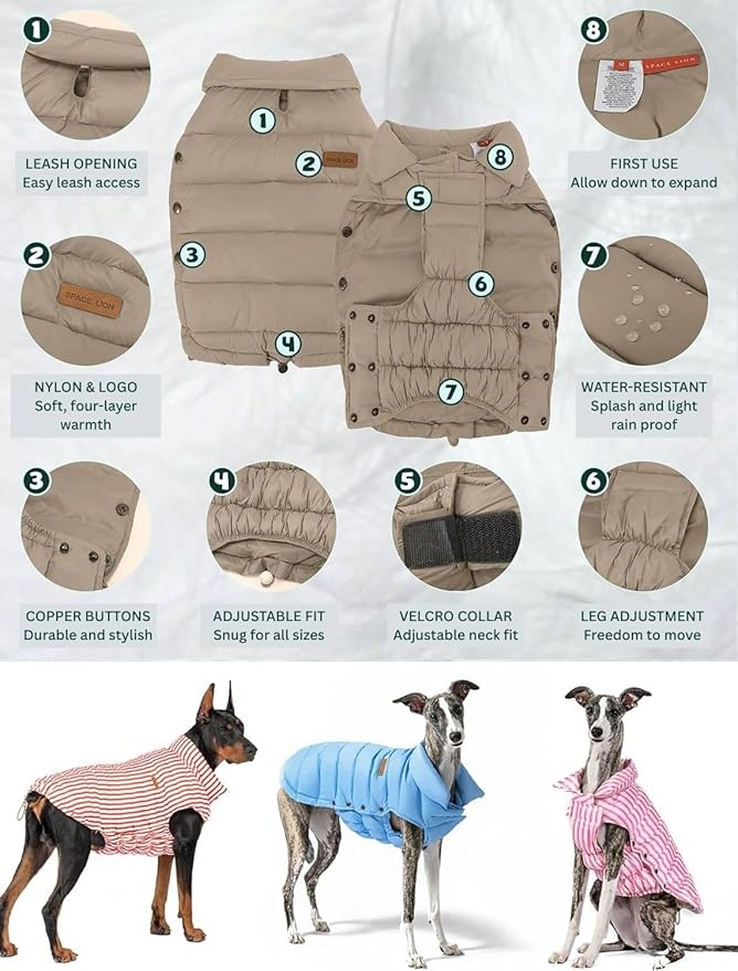 SPACE LION Dog Puffer Jacket, Down Winter Coat, Durable Outdoor Coat for Cold and Windy Conditions, Lightweight & Adjustable Fit Coats for Small & Medium Dogs, (Camel, Size 12 Gift Box)