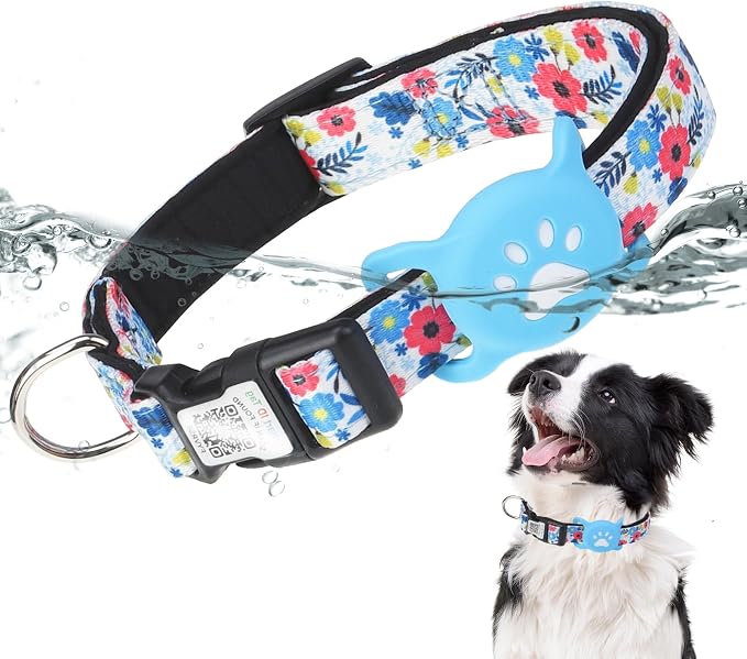 PUPTECK Airtag Dog Collar, Reflective with QR Code Buckle, Waterproof AirTag Holder Outdoor Tracking Pet Collars, Adjustable Soft Padded Durable for Small Medium Large Dogs Walking Training, Blue L