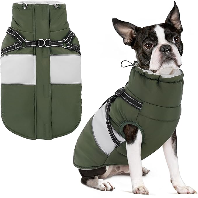 SUNFURA Small Dog Coat with Harness Built in, Warm Dog Jacket Winter with Zipper On Back, Waterproof Pet Snow Jacket Snowsuit Pet Sweater Clothes for Schnauzer, Yorkshire Terrier, Army Green S