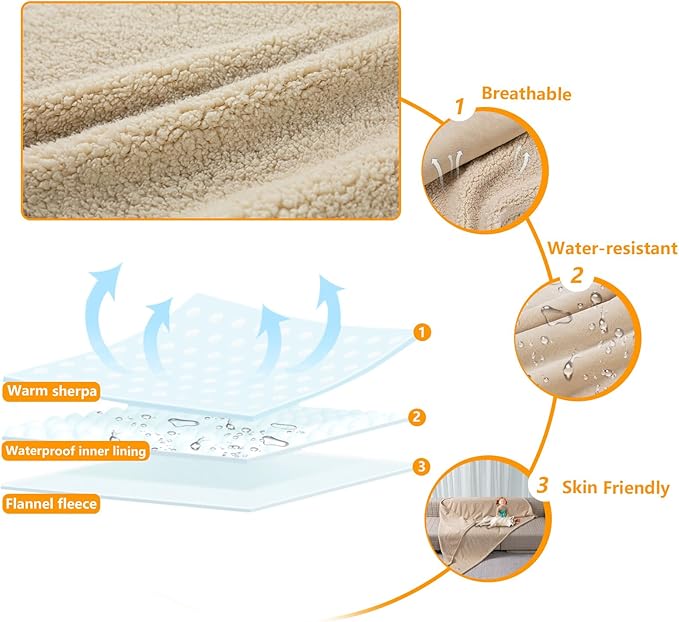 Maidewow Waterproof Dog Blanket Reversible Pet Bed Cover Puppy Fluffy Cream Blankets Leakproof Sofa Couch Cover Cat Pet Blanket for Warm Washable-XXL