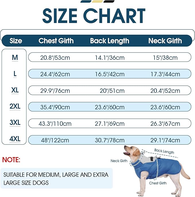 ROZKITCH Dog Jacket for Cold Weather, Dog Coat for Autumn Winter with Turtleneck, Pet Clothes with Adjustable Buckles, Soft Warm Pet Clothing with Reflective Strip for Medium Large Dogs Blue L