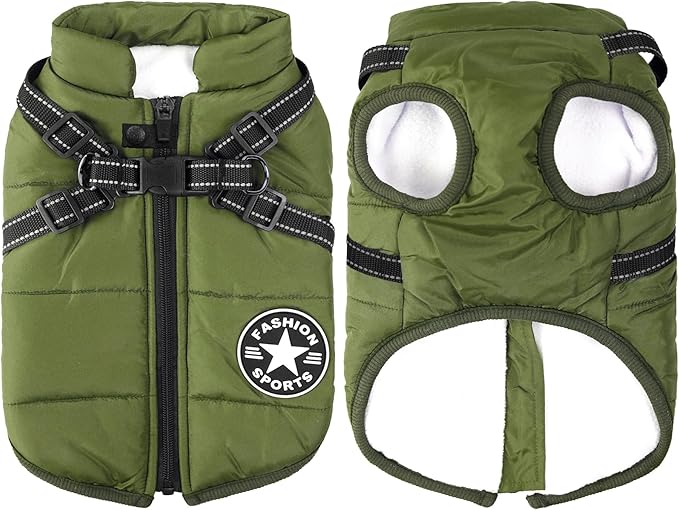 Aiboria Dog Jackets for Winter Windproof Waterproof 2 in 1 Outfit Cold Weather Coat Dog Vest Harness Puppy Winter Warm Jacket Green 4XL