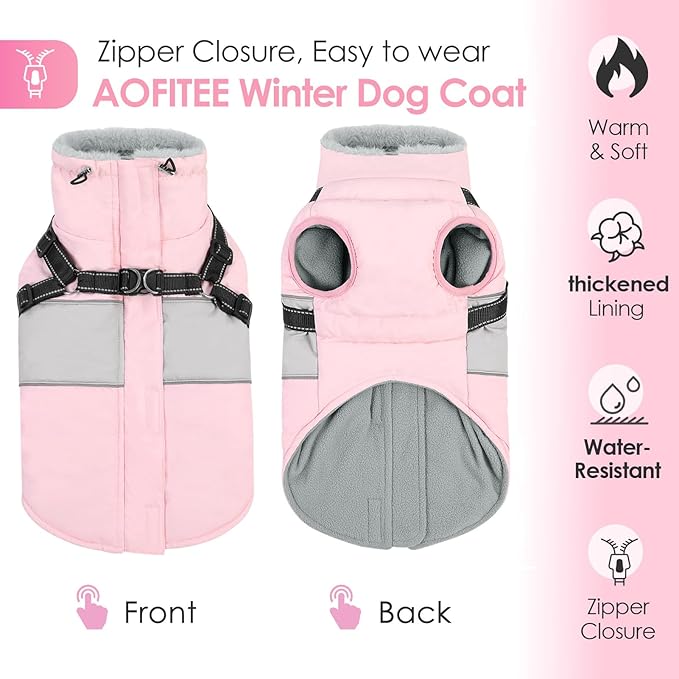 AOFITEE Dog Coat, Waterproof Dog Jacket Winter, Dogs Coat with Harness Built in, Warm Dogs Puffer Jacket with Zipper, Reflective Pet Snowsuit Sweater for Dachshund, French Bulldog, Boston Terrier, M
