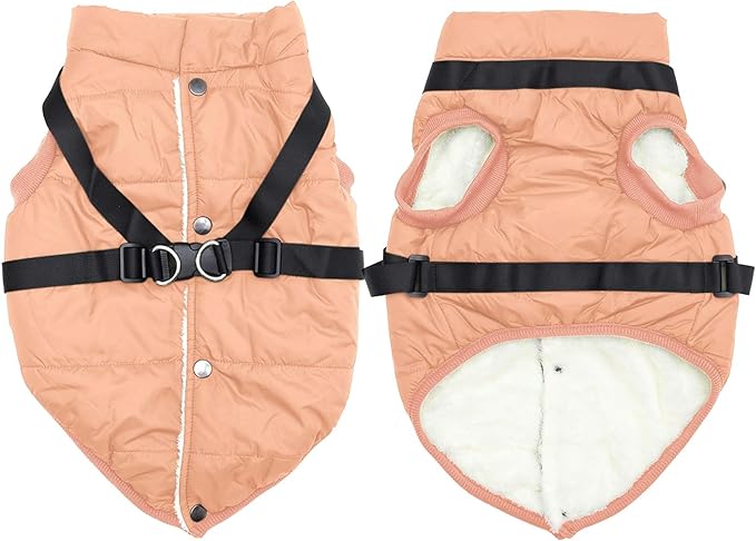 Dog Jacket with Harness,Fleece Lined Warm Puppy Coat for Winter,Soft Windproof Small Dog Vest,LightOrange S