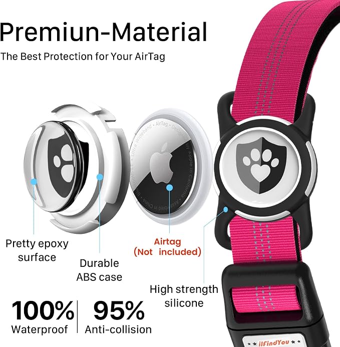 Waterproof AirTag Dog Collar with QR Code Dog Tag, Rose Red M | IP68 waterproof, QR code dog tag, Anti-Lost, Online profile, fits XS-L (8"-26"), Padded nylon, Reflective, No App, No Fees