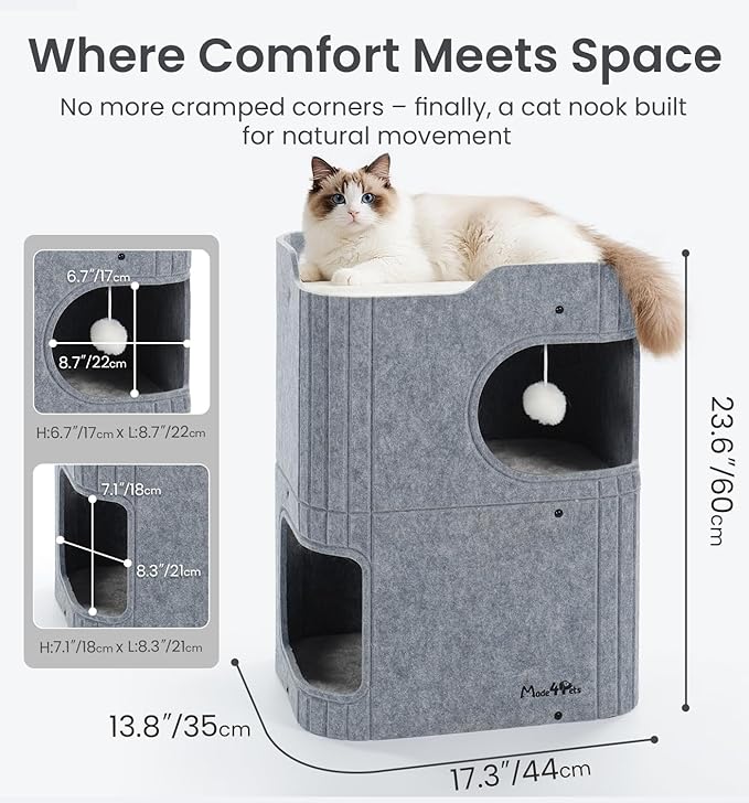 Made4Pets Cat House for Indoor Use, 2-Storey Cube Bed Cave, Covered Hideaway Condo with Scratch-Resistant Felt, Foldable Easy-to-Clean Design for Multi-Cat Homes, Grey