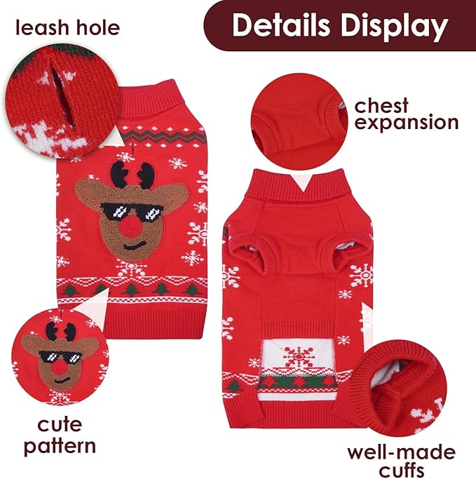 Dog Sweater Christmas, Red Warm Knit Sweaters for Medium and Large Dogs, Winter Dog Clothes for Cold Weather, Reindeer Holiday Festival Pet Outfit
