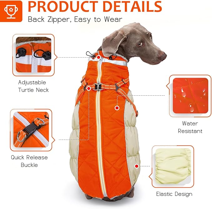 Dog Winter Coat with Harness, Dog Jacket, Pet Clothes with Zipper on Back, Waterproof Windproof Warm Vest, Reflective Cold Weather Coats, for Small Medium Large Dogs, Thick, Orange, XS