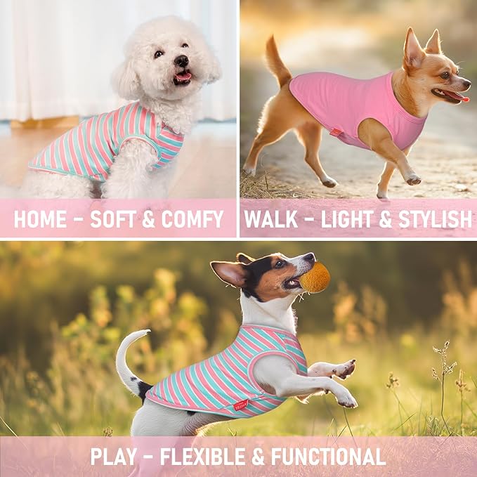 KYEESE 2Pack Dog Shirt, Soft Striped Dogs T Shirts, Lightweight Pet Tank Top, Sleeveless Dog Shirt for Small Dogs, Stretchy Comfortable Pet Vest, Pink, Large