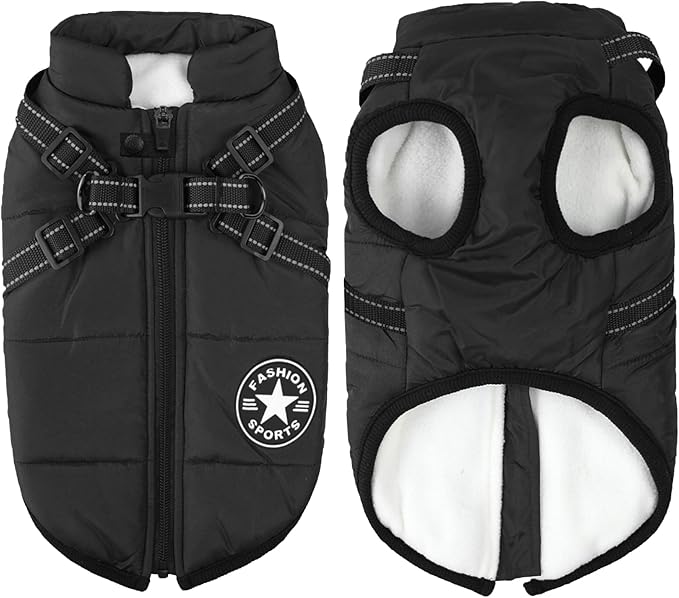Aiboria Dog Coat for Winter Waterproof Dogs Jackets Windproof Fleece Small Dog Vest Harness Winter Padded Pet Black L