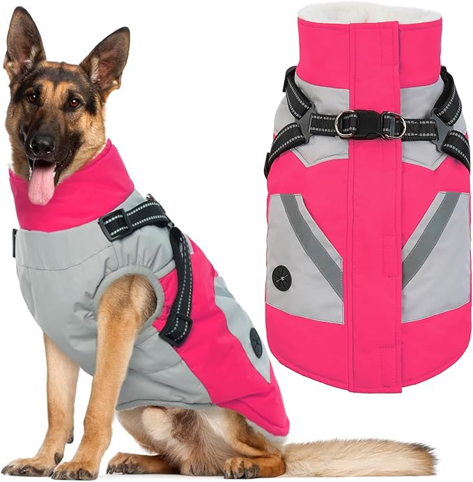 IECOii Dog Winter Coat with Harness Built in, Waterproof Windproof Dog Coats for Large Dogs, Thermal Fleece Cold Weather Jackets with Zip, Outdoor Warm Snow Jacket Reflective, Rosered, XXXL