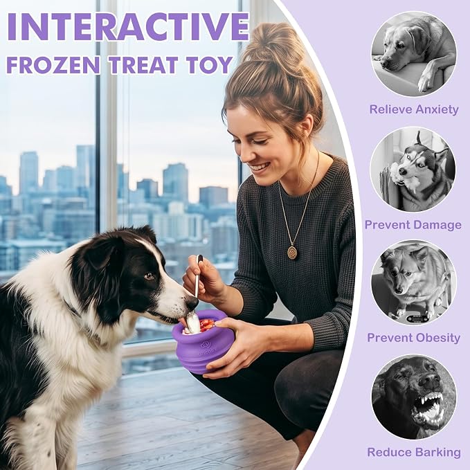 Treat Dispensing Dog Toy, Long-Lasting Interactive Puzzle Toys for Dogs, Stuffable Dog Enrichment Frozen Lick Treat Toy for Boredom, BPA Free Silicone Fetch Catch Chew Toy (Purple,M)
