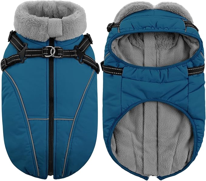 Queenmore Dog Jackets for Large Dogs, Dog Coat with Harness Built in,Waterproof Dogs Coats with Zipper On Back,Warm Fleece Lining Cold Weather Pet Coats with Furry Collar for Labrador,Blue,L