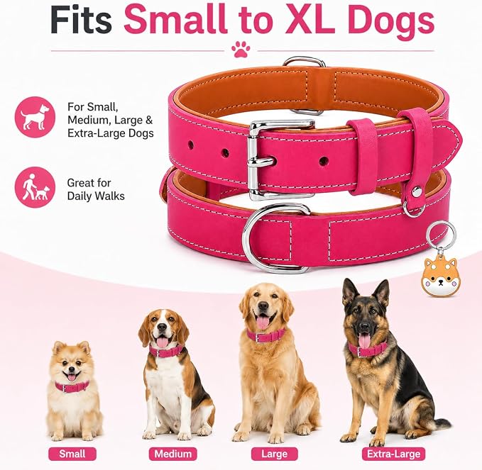 Genuine Leather Dog Collar, Soft Padded Leather Dog Collars with Airtag Holder Case for Small Medium Large X-Large Dogs,Comfort Heavy Duty Pet Collar with Durable Metal Buckle & D-Ring-Pink/S
