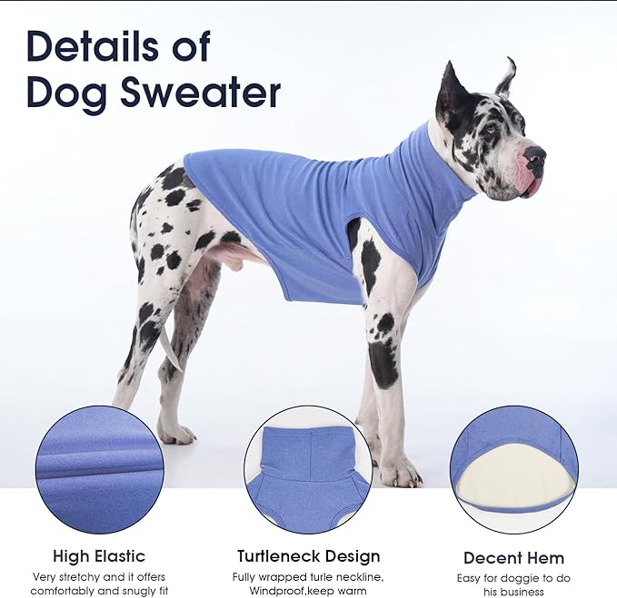 IECOii 4XL Dog Sweater - Stretch Fleece Sweater with Turtleneck,Blue,XXXX-Large, Warm Pullover Sweatshirt Pajamas for Indoor Sleeping/Outdoor Walking, Comfort Fit for Giant Breeds Like Great Dane
