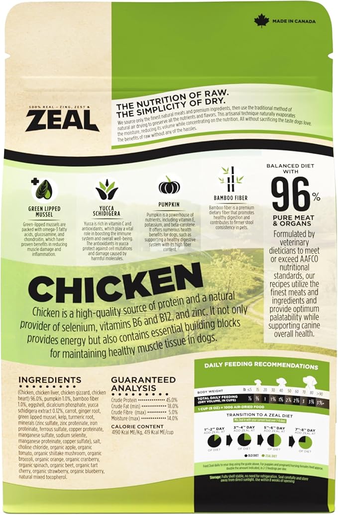 ZEAL Canada Air-Dried Chicken Recipe for Dogs - High Protein, Natural Superfoods, Nutrient Rich, No Fillers, Grain Free, Complete & Balanced (Chicken, 1 lb)