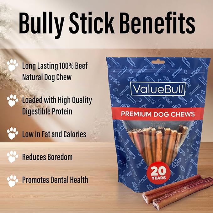 ValueBull Bully Sticks for Dogs, Medium 6 Inch, 100 Count Bulk Pack - All Natural, Grass Fed, Single Ingredient, Long Lasting Dog Treats