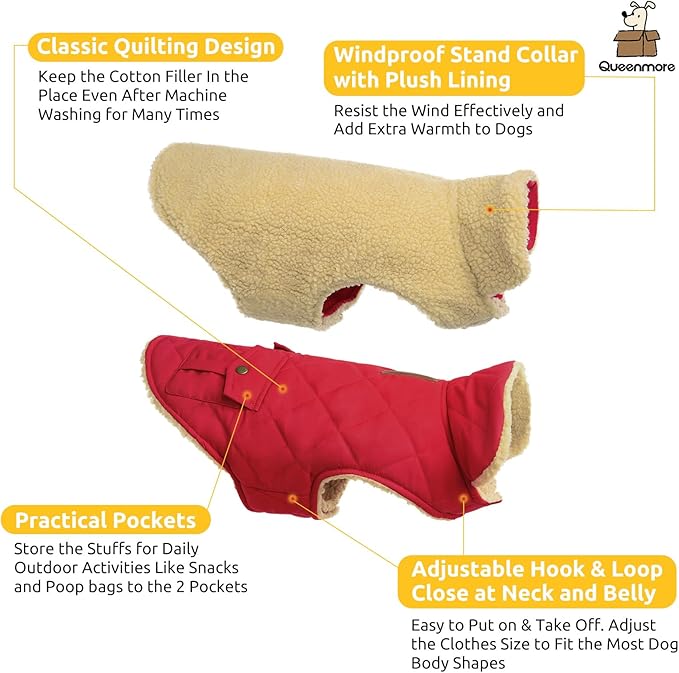 Queenmore Warm Dog Coat, Cold Weather Puffer Dog Jacket Ultra Thick Plush Lining with Storage Pockets (Red, Small)