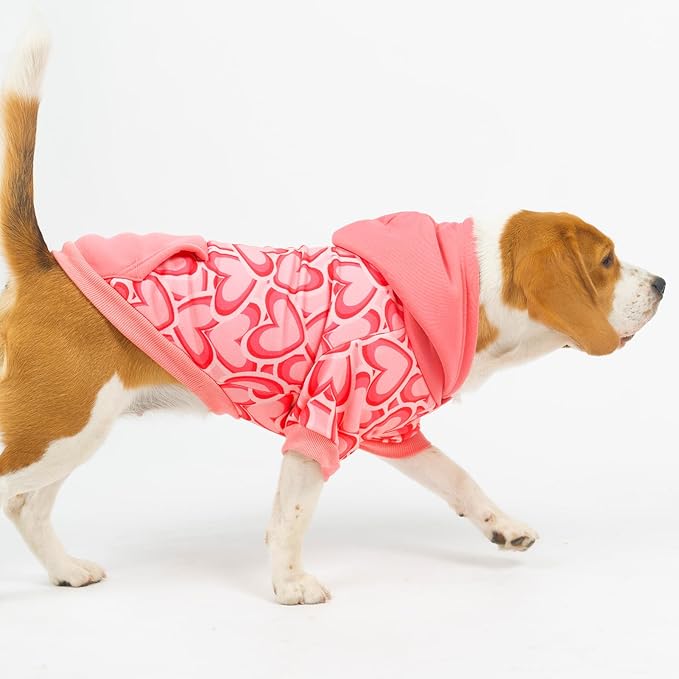 PUPTECK Valentine Dog Hoodie Pet Sweatshirt Soft Warm Clothes Fleece Lined with Hat for Small Medium Large Dogs, Pocket Design, Pink XL