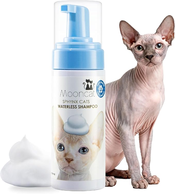 Mooncat Sphynx Cat Waterless Shampoo, Vet Approved No-Rinse Foam for Oily, Sensitive Skin & Wrinkles - Gentle, Hypoallergenic Formula for Hairless Cats, Deep Cleans & Moisturizes