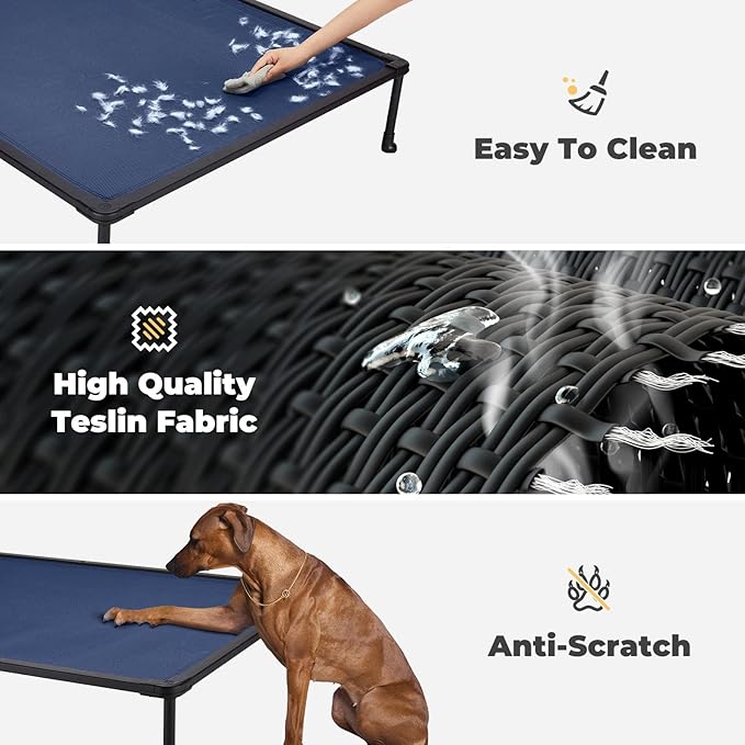 Veehoo Chewproof Elevated Dog Bed - Cooling Raised Pet Cot, Breathable Mesh, Washable & Non-Slip for Medium Dogs, Indoor/Outdoor, Blue Mat and Black Frame, 32x25inches (Model CWC2203A03)