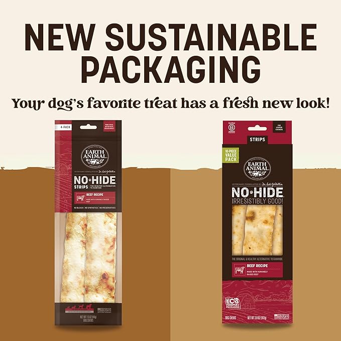 Earth Animal No Hide Strips - Natural Rawhide Free Dog Chew Strips, Beef - 10 Count Value Pack