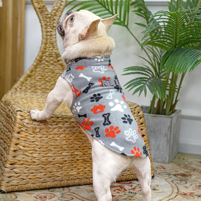 BEAUTYZOO Small Dog Sweater Fleece Vest Winter Jacket, D-Ring Leash Attachment for XS S Puppy Medium Sized Breeds Dogs, Cold Weather Dog Clothes Windproof Keep Warm, Grey Bones Paw M