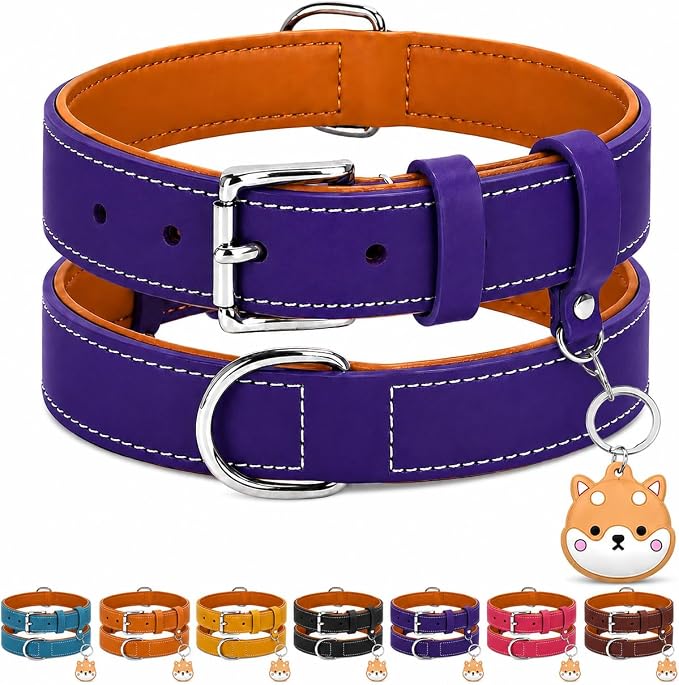 Genuine Leather Dog Collar, Soft Padded Leather Dog Collars with Airtag Holder Case for Small Medium Large X-Large Dogs,Comfort Heavy Duty Pet Collar with Durable Metal Buckle & D-Ring-Dark Purple/XL
