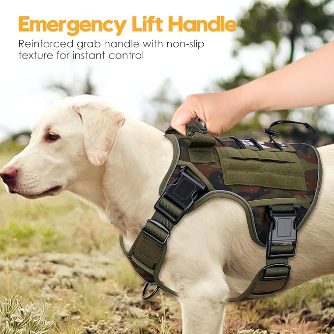 Heavy-Duty Tactical Dog Harness for Large Dogs, No Pull Adjustable Reflective Pet Vest with Molle System, K9 Military-Grade Control for Service Training, Outdoor & 10+ Breeds, Green Camo, X-Large