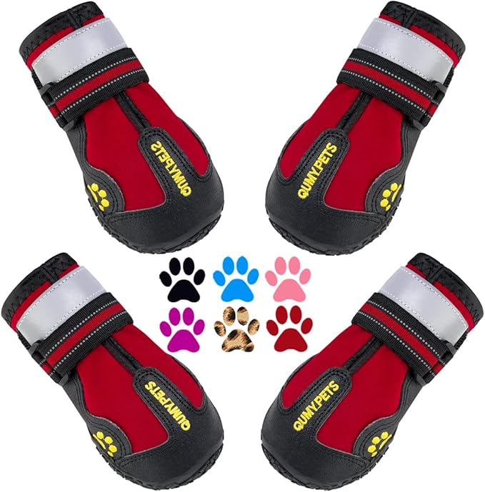 QUMY Dog Shoes for Large Dogs, Medium Dog Boots & Paw Protectors for Winter Snowy Day, Summer Hot Pavement, Water-Resistant in Rainy Weather, Outdoor Walking, Indoor Hardfloors Skid-Resistant Sole