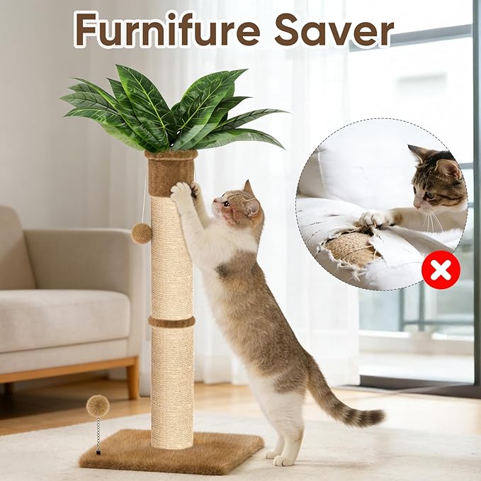 XiaZ Cat Scratching Post 34 Inches Tall, Cat Tower Scratcher Extra Wide 15.8" Stable Base with 4 Non-Slip Pads, 2 Interactive Toy Balls, Natural Sisal & Plush Fabric for Any Cats (Brown, 4.5in)