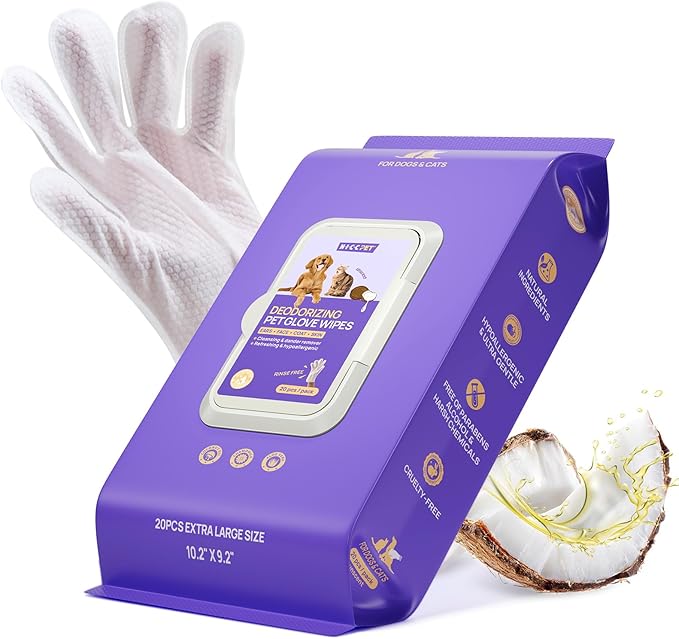 HICC PET Cleaning Deodorizing Glove Wipes for Dogs & Cats, Vet Recommended Hypoallergenic Hydrating & Nourish Fur Pet Grooming Glove Wipes, Pet Bathing Wipes for Horse Coat Care,20pcs Unscented