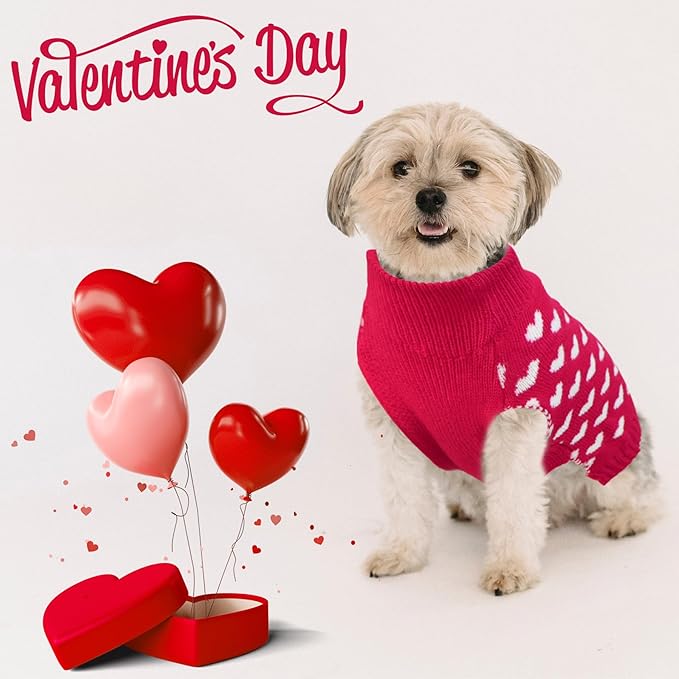 Valentines Dog Sweater, Dog Valentines Clothes Outfit Knitted Sweaters for Small Medium Large Dogs Pets (Rose Red Heart, Small)