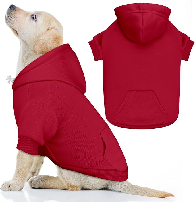 Dog Sweaters for Large Dogs Pet Sweater Solid Soft Brushed Fleece Dog Hoodie Clothes Pet Hoodie Sweatshirt with Pocket(Red-L)